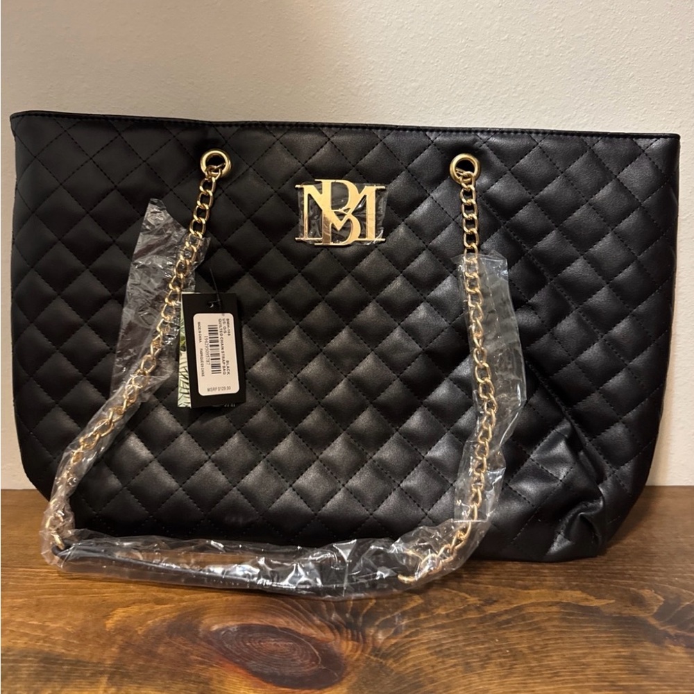 Badgley Mischka Black Quilted Tote with Gold Chain Handles